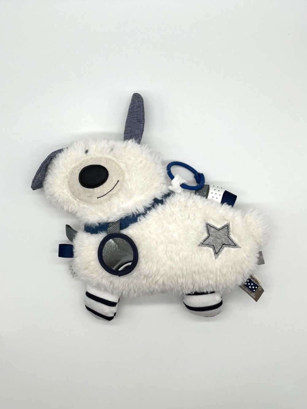 Demdaco Plush Dog Baby Activity Crib Toy White Crinkle Rattle Squeak Ribbons